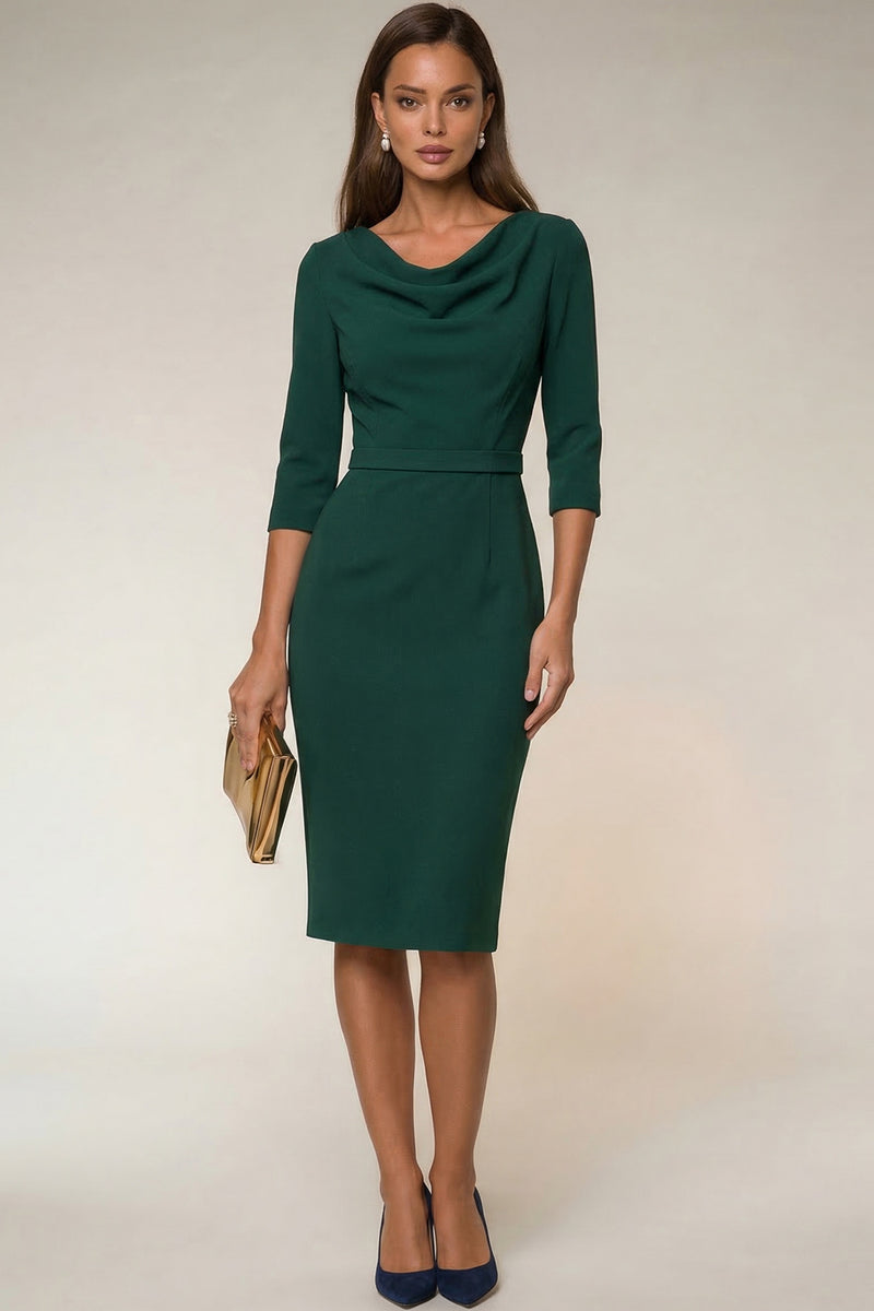 Laden Sie das Bild in den Galerie-Viewer, Cowl Neck Navy Bodycon 3/4 Ärmel Midi Arbeitskleid mit Schlitz