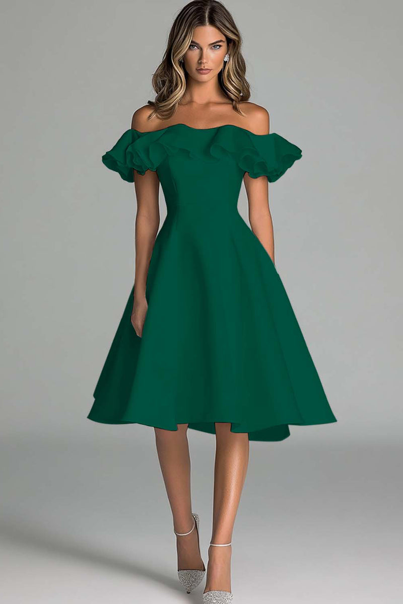 Laden Sie das Bild in den Galerie-Viewer, Weißes Schulterfreies Brautkleid in A-Linie mit Rüschen