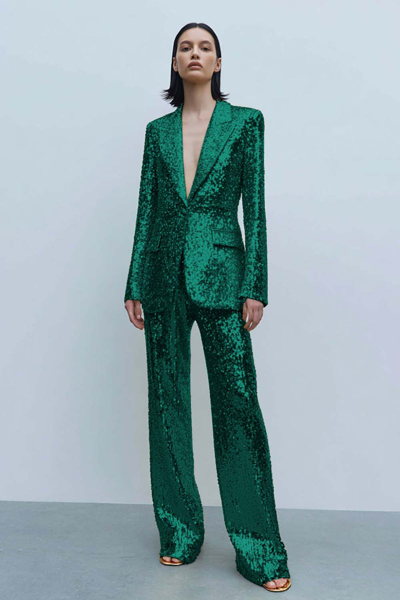 Laden Sie das Bild in den Galerie-Viewer, 2 Stück Funkelnde Goldene Pailletten Damen Ballanzüge mit Taschen