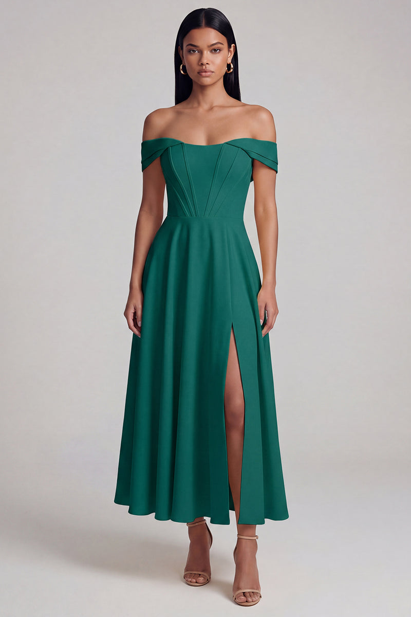 Laden Sie das Bild in den Galerie-Viewer, A-Linien-Off-the-shoulder gelbes Korsett-Maxikleid mit Schlitz