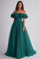 Laden Sie das Bild in den Galerie-Viewer, Dusty Sage Schulterfreies Rüschen A Linie Abendkleid