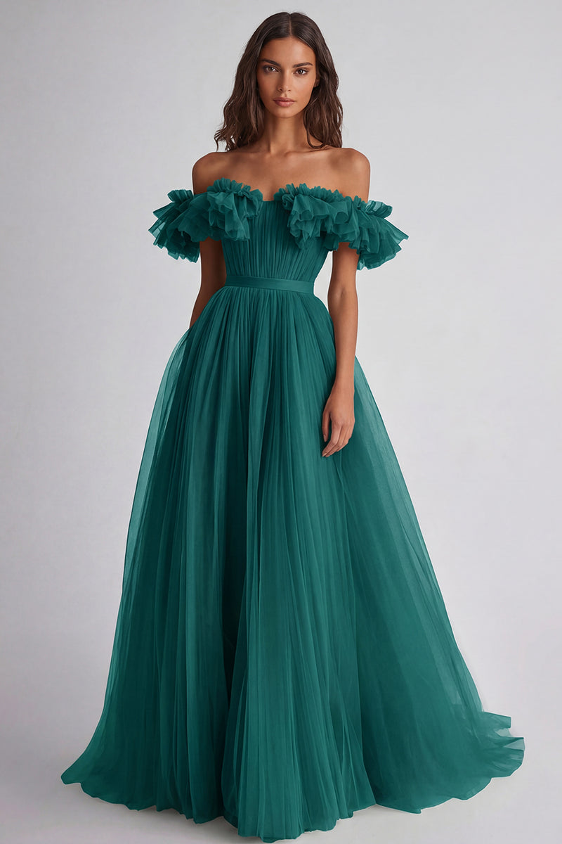 Laden Sie das Bild in den Galerie-Viewer, Dusty Sage Schulterfreies Rüschen A Linie Abendkleid