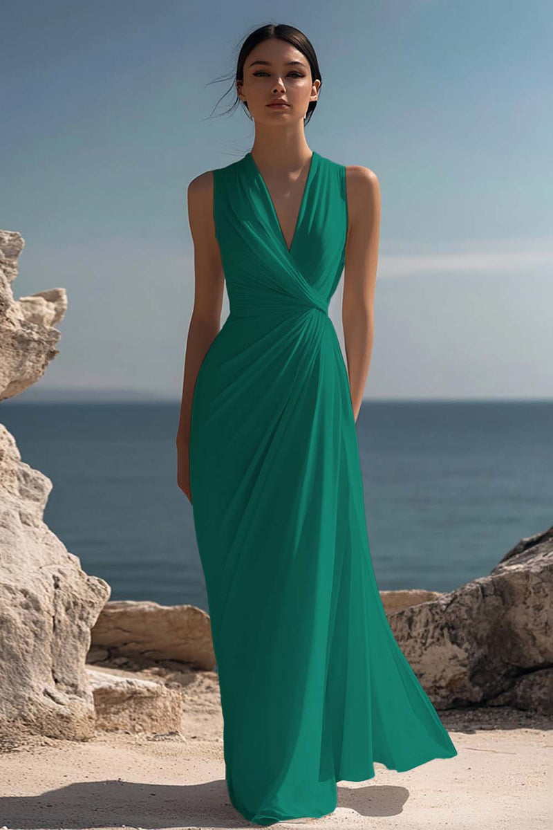 Laden Sie das Bild in den Galerie-Viewer, Weißes Langes Standesamtkleid mit V-Ausschnitt und Rüschen