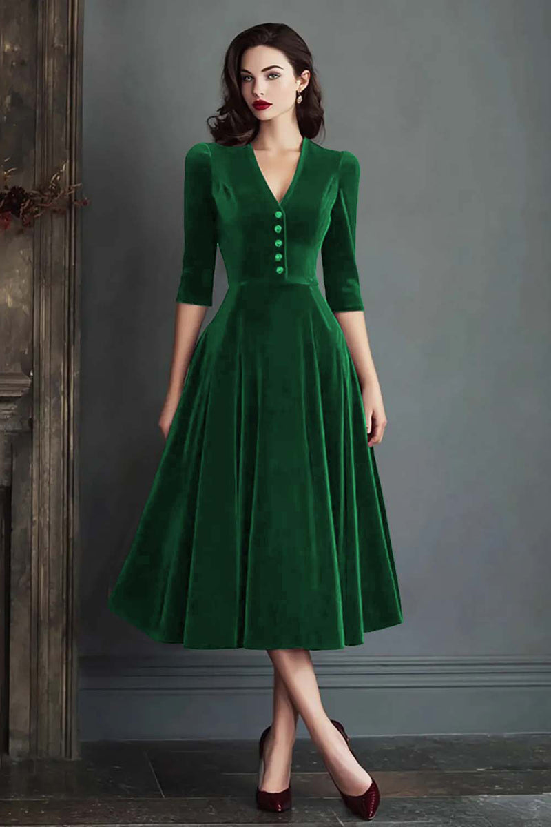 Laden Sie das Bild in den Galerie-Viewer, Burgunder A-Linie V-Ausschnitt Samt Arbeitskleid mit halben Ärmeln