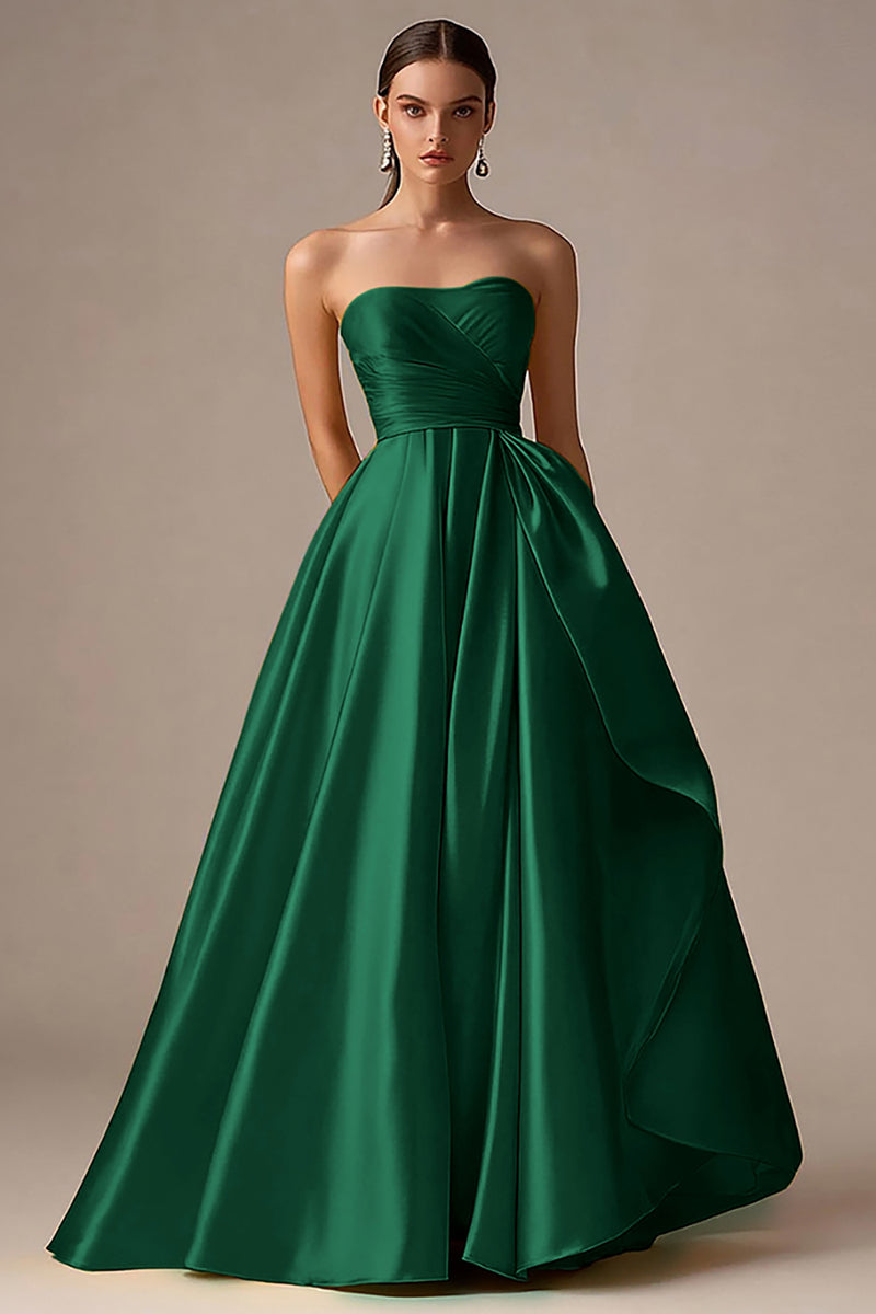 Laden Sie das Bild in den Galerie-Viewer, Gelbes Langes Trägerloses A-Linie Satin Ballkleid