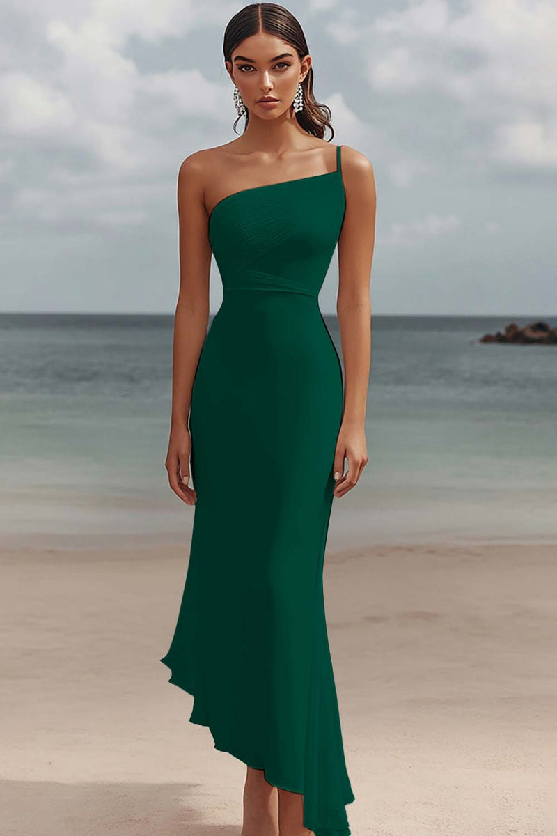 Laden Sie das Bild in den Galerie-Viewer, Meerjungfrau Weißes Langes Standesamtkleid mit einer Schulter und Rüschen