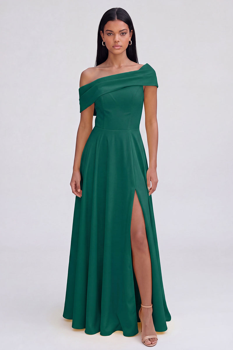 Laden Sie das Bild in den Galerie-Viewer, Gelbes A-Linie Maxikleid mit Einschultern und Schlitz