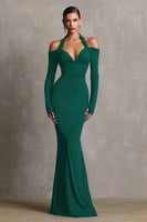 Laden Sie das Bild in den Galerie-Viewer, Burgunderrotes Neckholder Meerjungfrau Spandex Langes Ballkleid