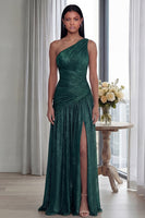 Laden Sie das Bild in den Galerie-Viewer, Golden Einschulteriges Falten Langes Festkleid mit Schlitz