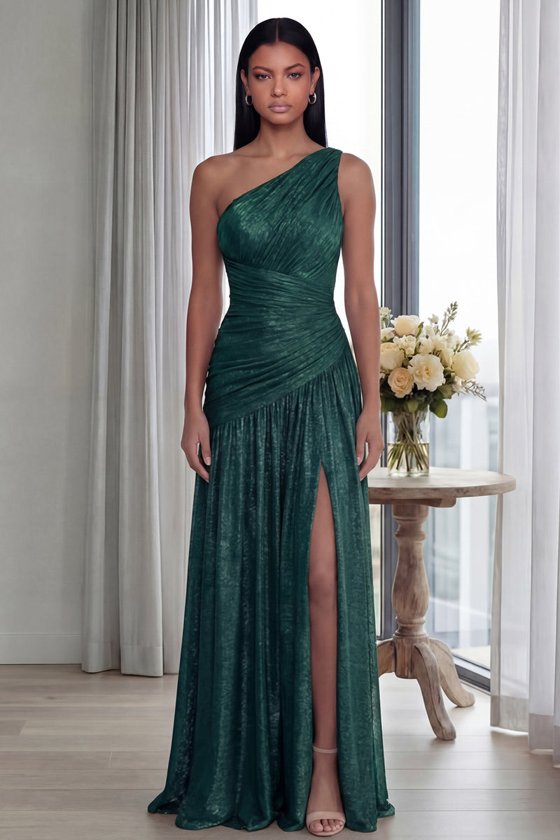 Laden Sie das Bild in den Galerie-Viewer, Golden Einschulteriges Falten Langes Festkleid mit Schlitz