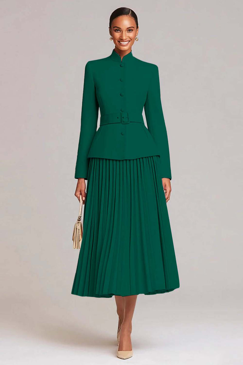 Laden Sie das Bild in den Galerie-Viewer, Hellrosa A-Linie 2-teiliges Plissiertes Arbeitskleid mit Gürtel