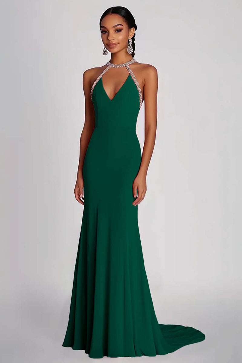 Laden Sie das Bild in den Galerie-Viewer, Etui Rosa Perlenbesetztes Neckholder Langes Ballkleid aus Chiffon