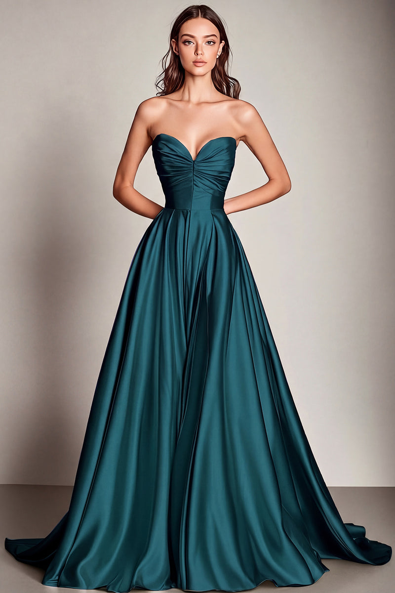 Laden Sie das Bild in den Galerie-Viewer, Marineblaues Herzausschnitt A-Linie Satin Langes Ballkleid