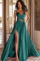 Laden Sie das Bild in den Galerie-Viewer, A Linie Rosa Plissee Ballkleid mit V-Ausschnitt und Schlitz