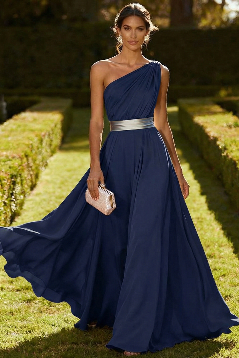 Laden Sie das Bild in den Galerie-Viewer, Eine Schulter Olive A-Linie Chiffon Maxi-Kleid