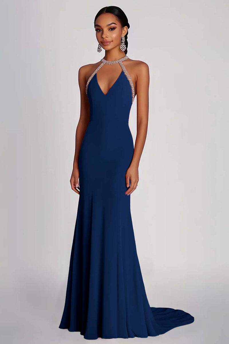 Laden Sie das Bild in den Galerie-Viewer, Etui Rosa Perlenbesetztes Neckholder Langes Ballkleid aus Chiffon