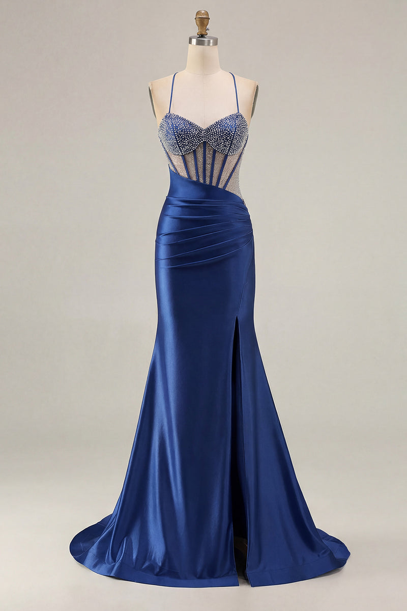 Laden Sie das Bild in den Galerie-Viewer, Rosa Perlen Meerjungfrauen Spaghettiträger Korsett Gerafftes Langes Ballkleid mit Schlitz