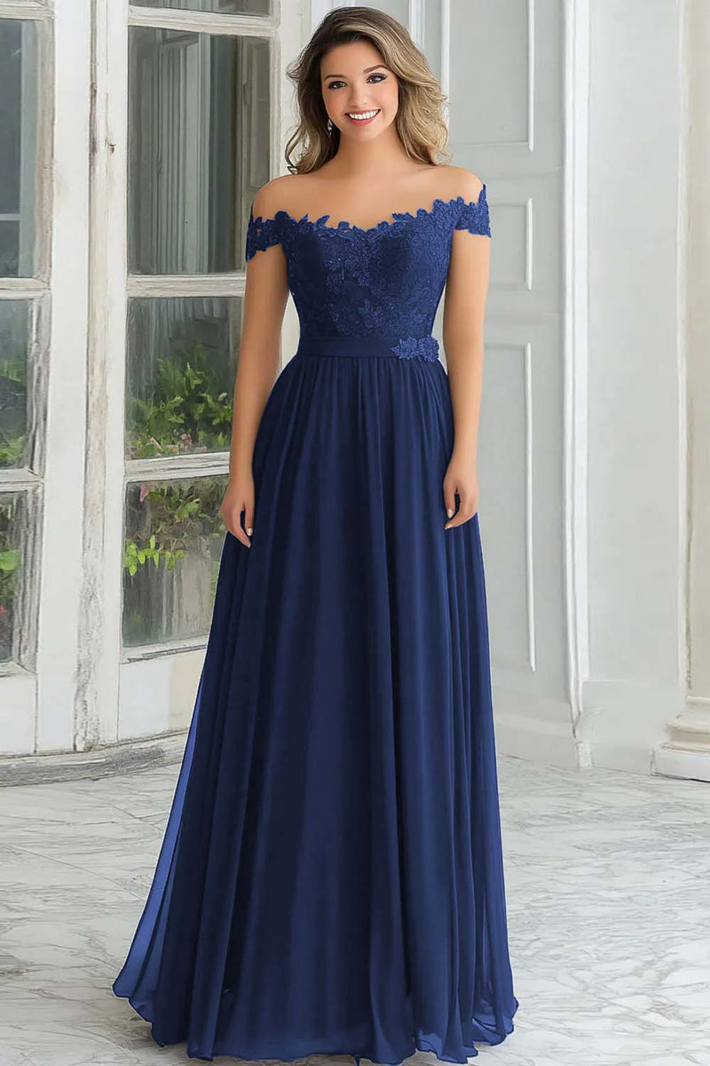 Laden Sie das Bild in den Galerie-Viewer, Elegantes Langes A-Linie Schulterfreies Marineblaues Chiffon Brautmutterkleid mit Spitzenapplikationen