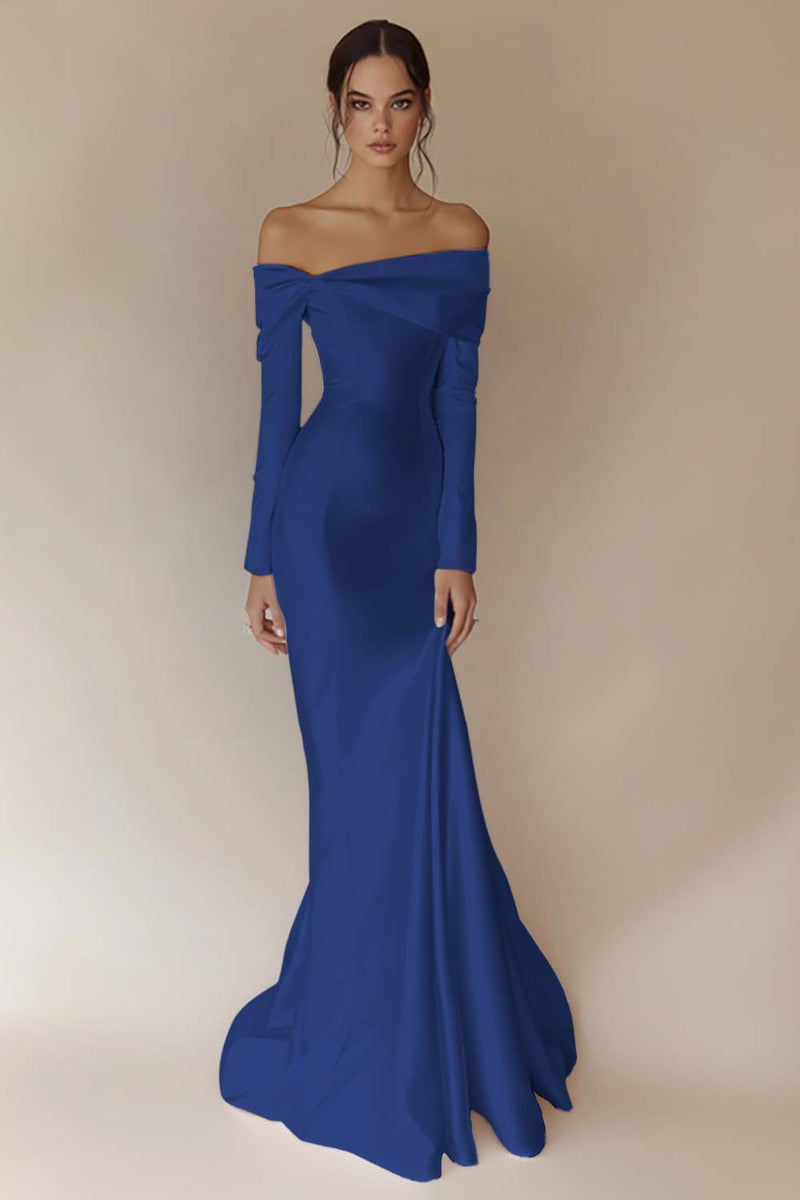 Laden Sie das Bild in den Galerie-Viewer, Weißes Schulterfreies Meerjungfrauen Brautkleid mit langen Ärmeln