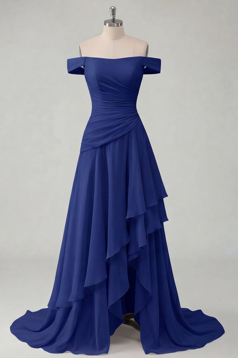 Laden Sie das Bild in den Galerie-Viewer, Schulterfreies Chiffon Buttergelbes A-Linie Gerafftes Maxikleid mit Schlitz