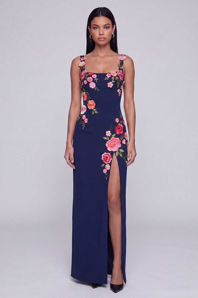 Laden Sie das Bild in den Galerie-Viewer, Schwarzes Florales Quadrathals Scheiden Langes Festliches Kleid mit Schlitz