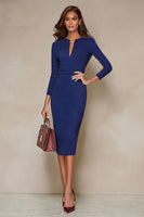 Laden Sie das Bild in den Galerie-Viewer, Elfenbein Bodycon Midi Arbeitskleid mit Rundhalsausschnitt und 3/4-Ärmeln