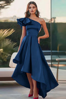 Laden Sie das Bild in den Galerie-Viewer, Fuchsia Eine Schulter High-Low Satin Ballkleid in A-Linie