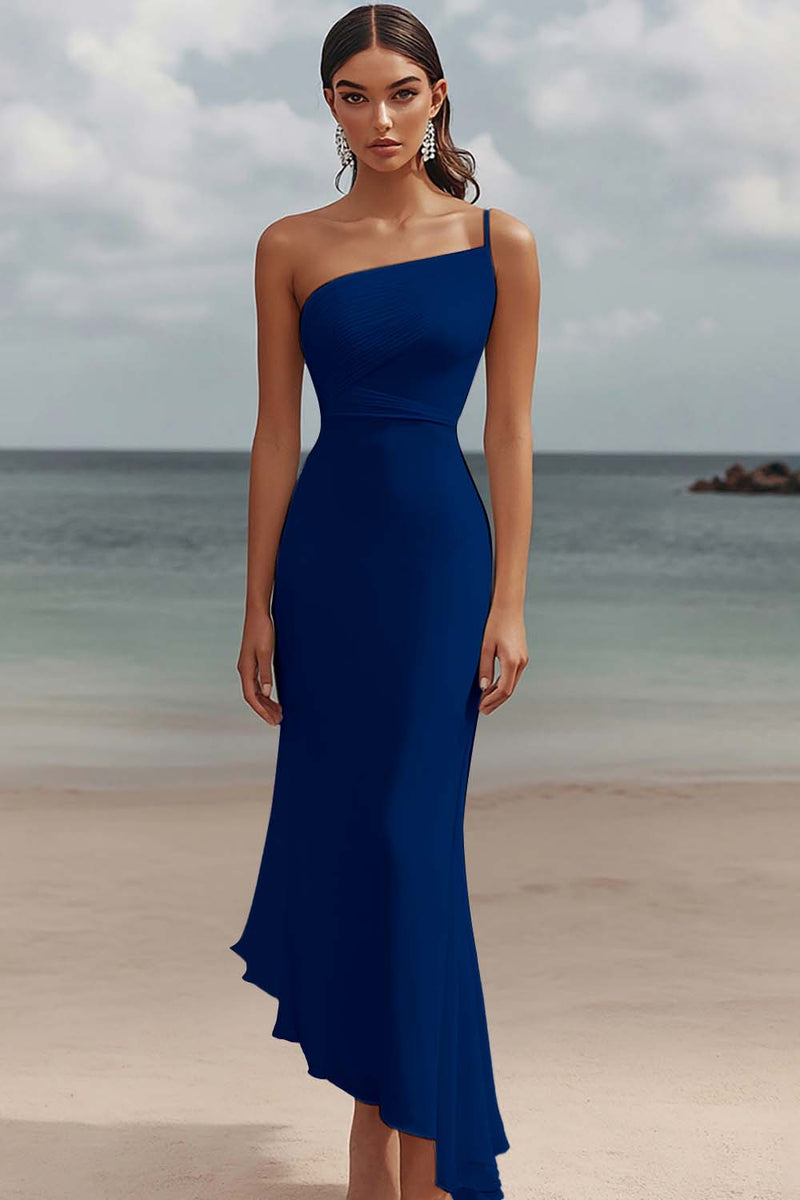 Laden Sie das Bild in den Galerie-Viewer, Meerjungfrau Weißes Langes Standesamtkleid mit einer Schulter und Rüschen