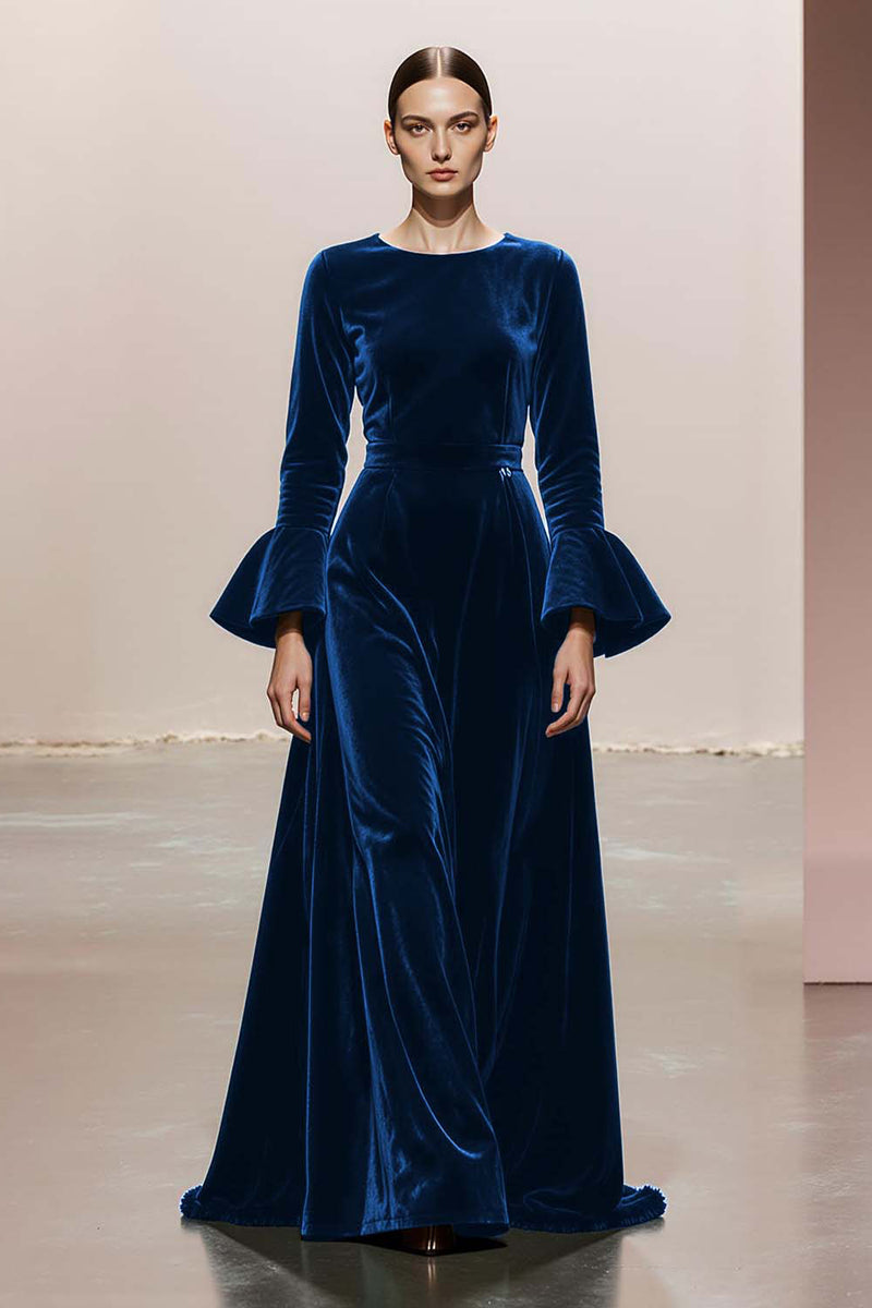 Laden Sie das Bild in den Galerie-Viewer, Dunkelgrünes A-Linie Rundhalsausschnitt Lange Ärmel Samt Ballkleider