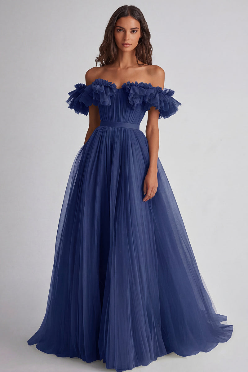 Laden Sie das Bild in den Galerie-Viewer, Dusty Sage Schulterfreies Rüschen A Linie Abendkleid