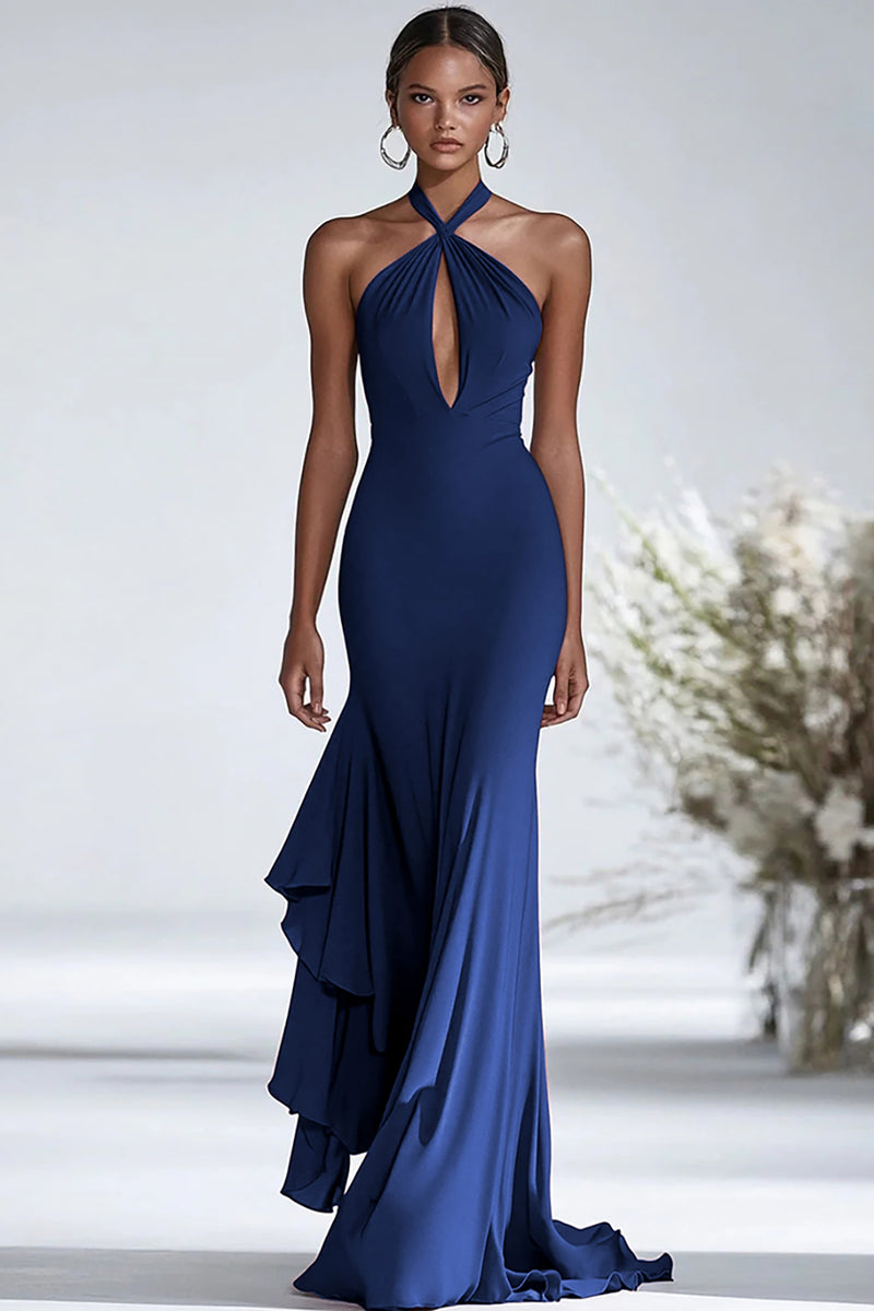 Laden Sie das Bild in den Galerie-Viewer, Neckholder Terrakotta Chiffon Rüschen Etui Rotes Galakleid