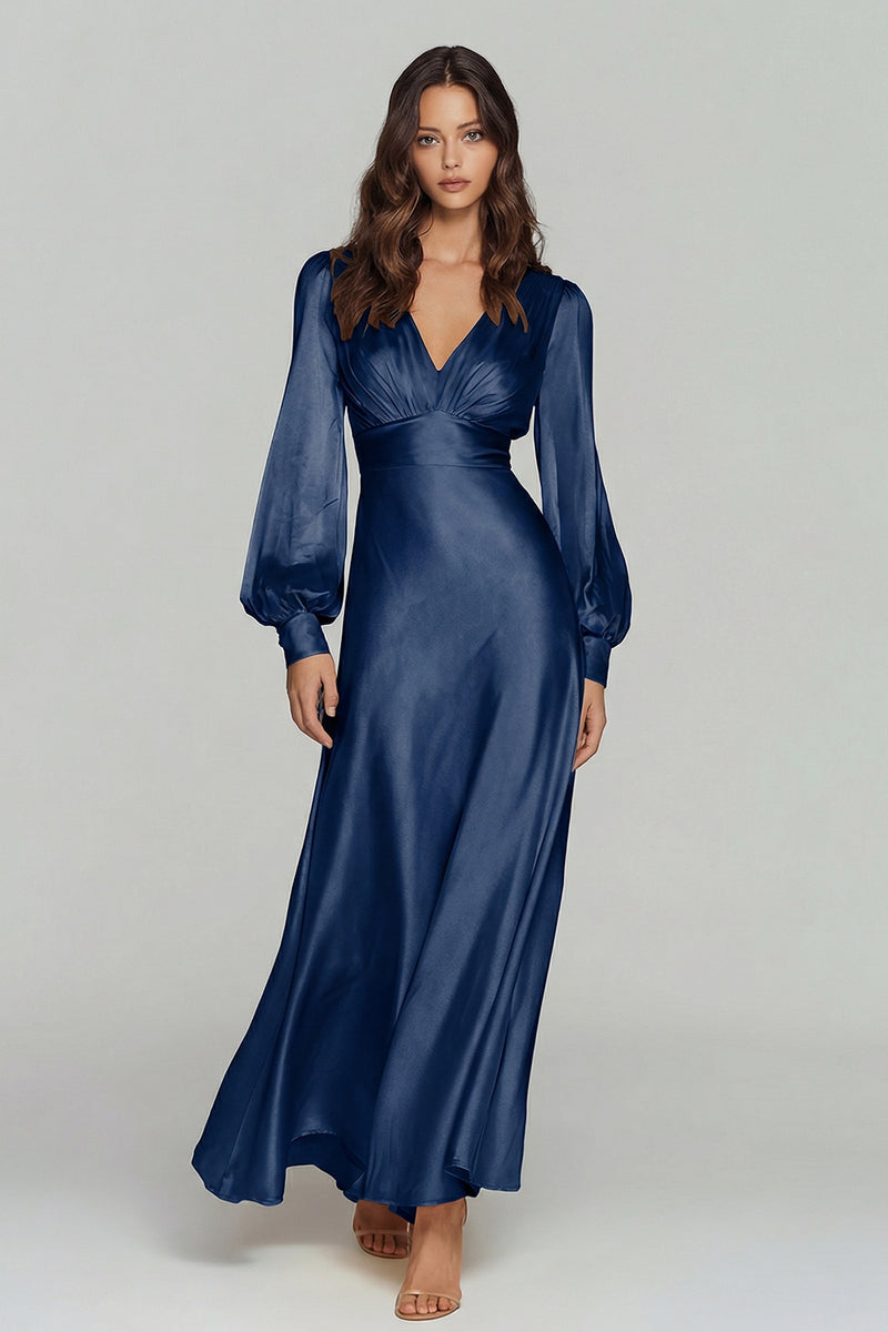 Laden Sie das Bild in den Galerie-Viewer, Champagner Satin V-Ausschnitt A-Linie Langes Ballkleid