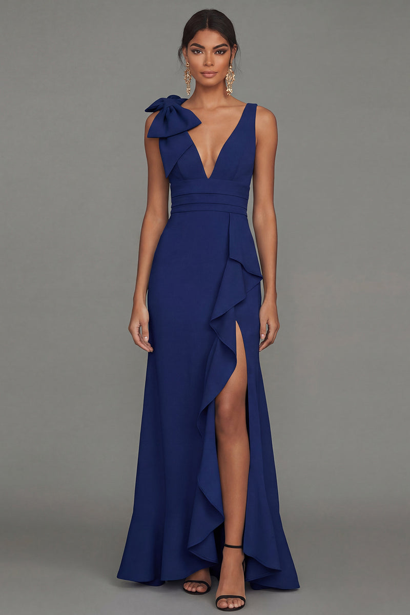 Laden Sie das Bild in den Galerie-Viewer, Dunkelgrünes V-Ausschnitt mit Rüschen und langem Festkleid mit Rüschen und Schlitz