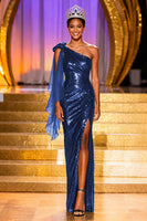 Laden Sie das Bild in den Galerie-Viewer, Glitzerndes Dunkelgrünes Pailletten Meerjungfrauen Einschulter Ballkleid mit Schlitz