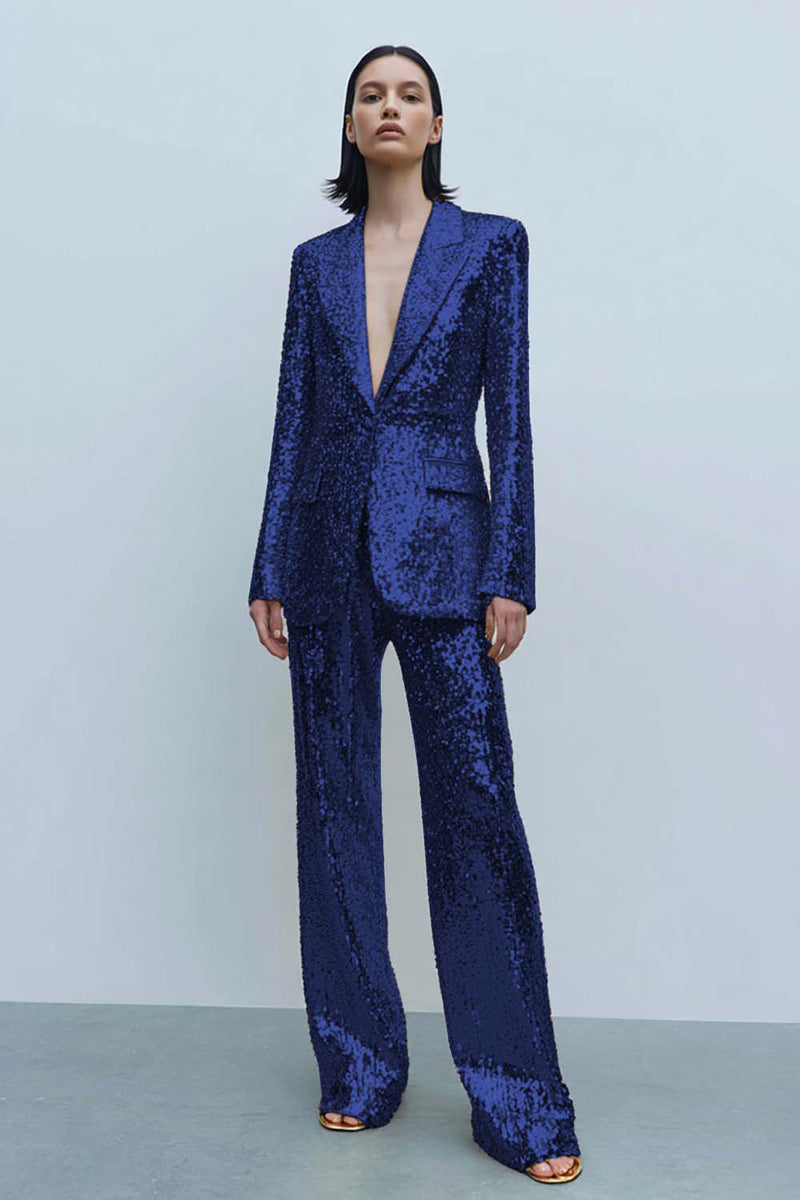 Laden Sie das Bild in den Galerie-Viewer, 2 Stück Funkelnde Goldene Pailletten Damen Ballanzüge mit Taschen