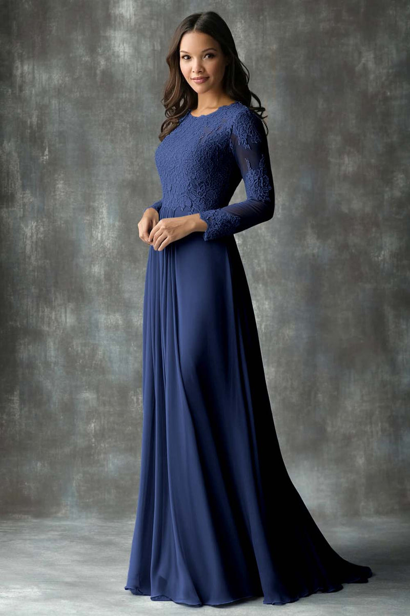 Laden Sie das Bild in den Galerie-Viewer, A-Linie Rundhals langen Ärmeln Kleid für die Brautmutter Staubblaues Etui