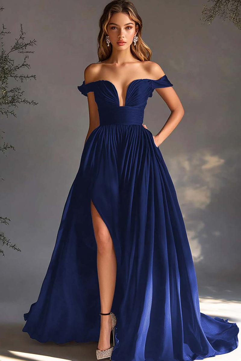 Laden Sie das Bild in den Galerie-Viewer, Schwarzes schulterfreies A-Linie Chiffon Ballkleid