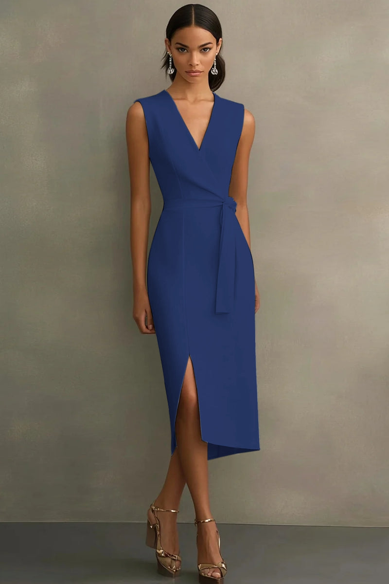 Laden Sie das Bild in den Galerie-Viewer, Weißes Satin Standesamtkleid mit V-Ausschnitt und Gürtel