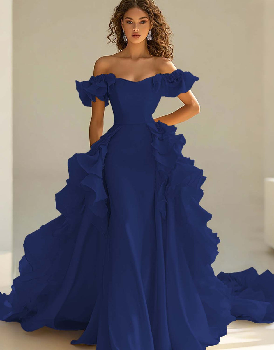 Laden Sie das Bild in den Galerie-Viewer, Gelbes schulterfreies Meerjungfrauen-Satinkleid mit Rüschen