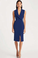 Laden Sie das Bild in den Galerie-Viewer, Himmelblaues Knielanges Schal-Revers Arbeitskleid aus Satin mit Schlitz