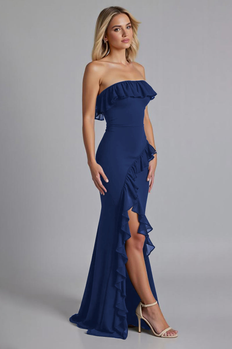 Laden Sie das Bild in den Galerie-Viewer, Schwarzes Schulterfreies Gerüschtes Langes Ballkleid mit Schlitz