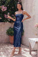 Laden Sie das Bild in den Galerie-Viewer, Glitzerndes Goldenes Bodycon Spaghetti-Träger Midi-Kleid mit Pailletten