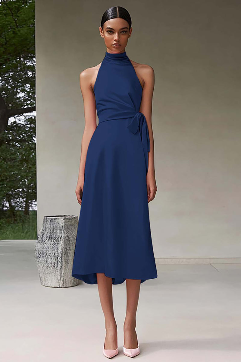 Laden Sie das Bild in den Galerie-Viewer, Rosa A-Linie Neckholder Teelänge Satin Partykleid