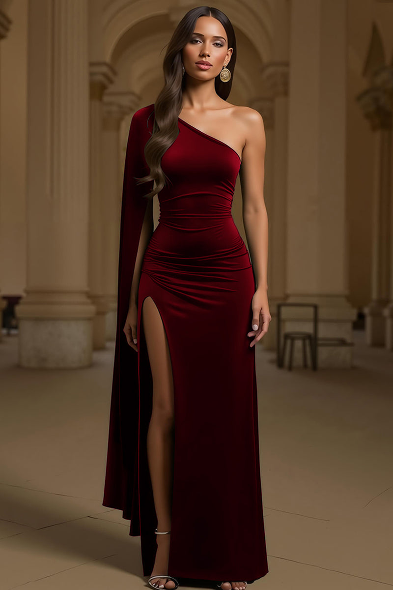 Laden Sie das Bild in den Galerie-Viewer, Dunkelgrünes Einschultriges Langärmeliges Festtags-Partykleid aus Samt mit Schlitz