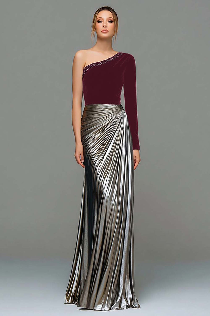 Laden Sie das Bild in den Galerie-Viewer, Schwarzes und Graues A-Linie Ballkleid aus Metallic-Satin mit einer Schulter