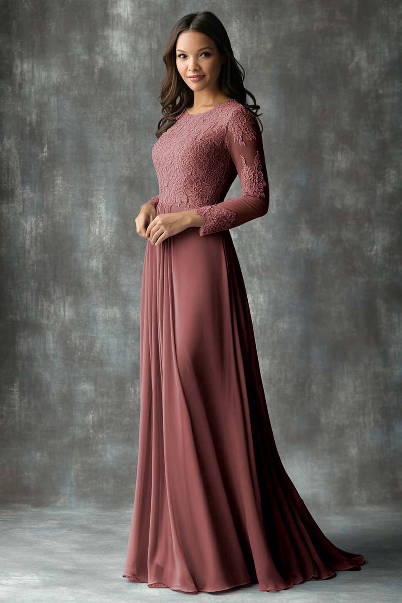 Laden Sie das Bild in den Galerie-Viewer, A-Linie Rundhals langen Ärmeln Kleid für die Brautmutter Staubblaues Etui