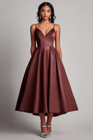 Laden Sie das Bild in den Galerie-Viewer, Rotes Teelänge A-Linie Satin Partykleid