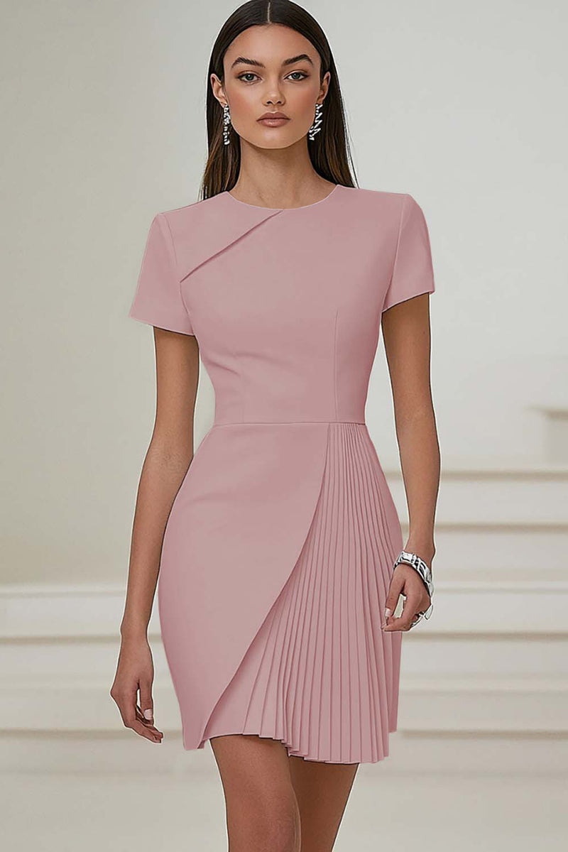 Laden Sie das Bild in den Galerie-Viewer, Elfenbein Plissiertes Rundhals Arbeitskleid mit kurzen Ärmeln