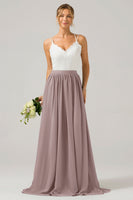 Laden Sie das Bild in den Galerie-Viewer, A-Linie V-Ausschnitt Boho Chiffon Langes Brautjungfernkleid mit offenem Rücken und Spitze Blush Rosa