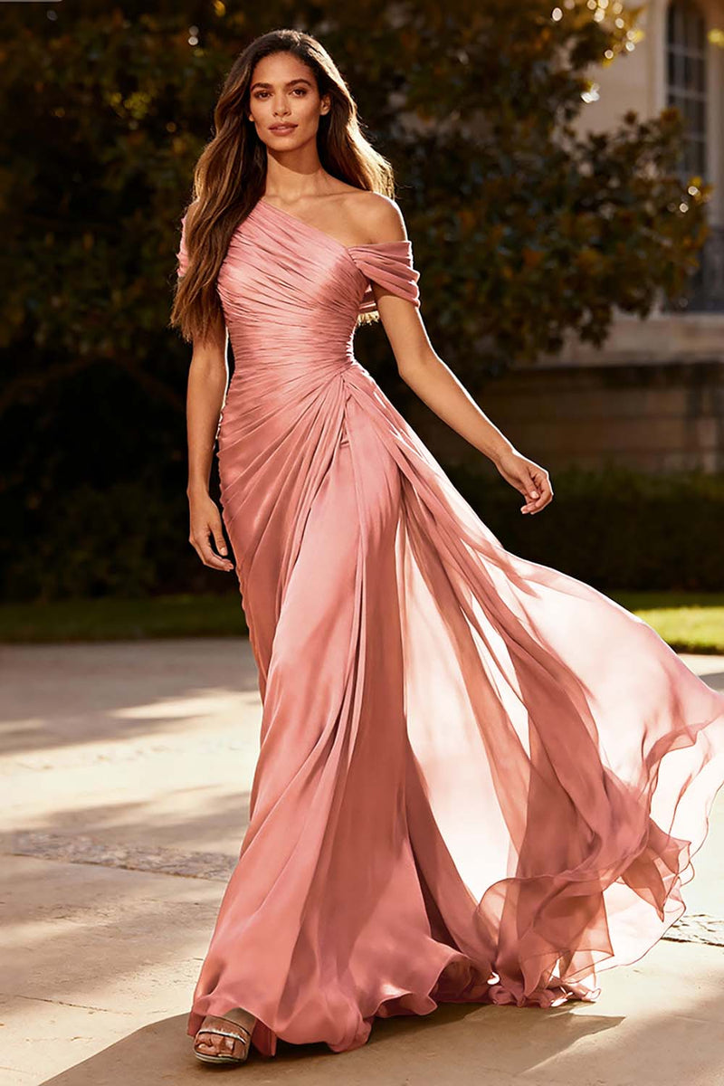 Laden Sie das Bild in den Galerie-Viewer, Dusty Sage Chiffon Eine Schulter A Linie Plissee Langes Abendkleid